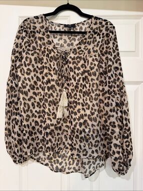 Fate Leopard-Print Tassel Tie Blouse in Beige and Black with Gold flecks